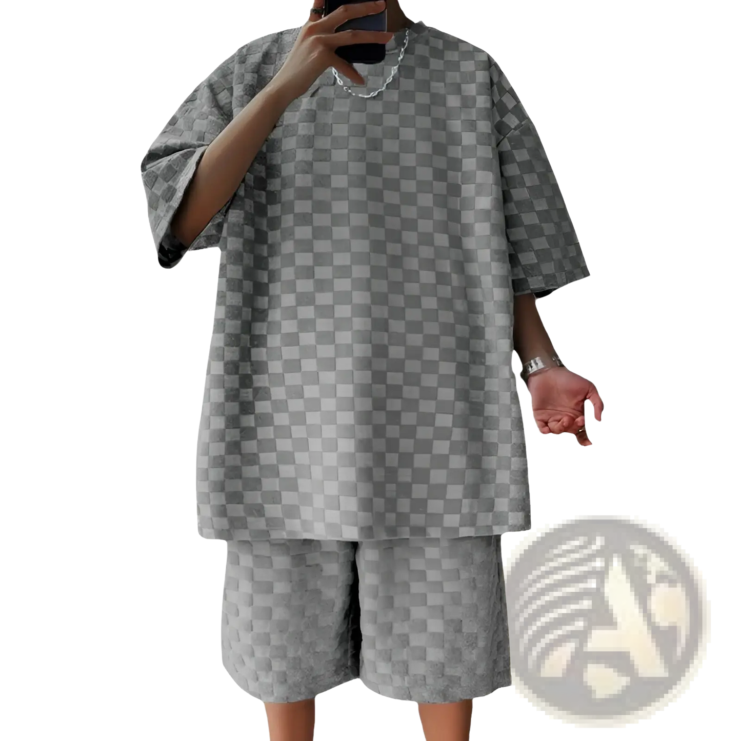 Textured Geometric Cotton Blend T-shirt and Shorts Set