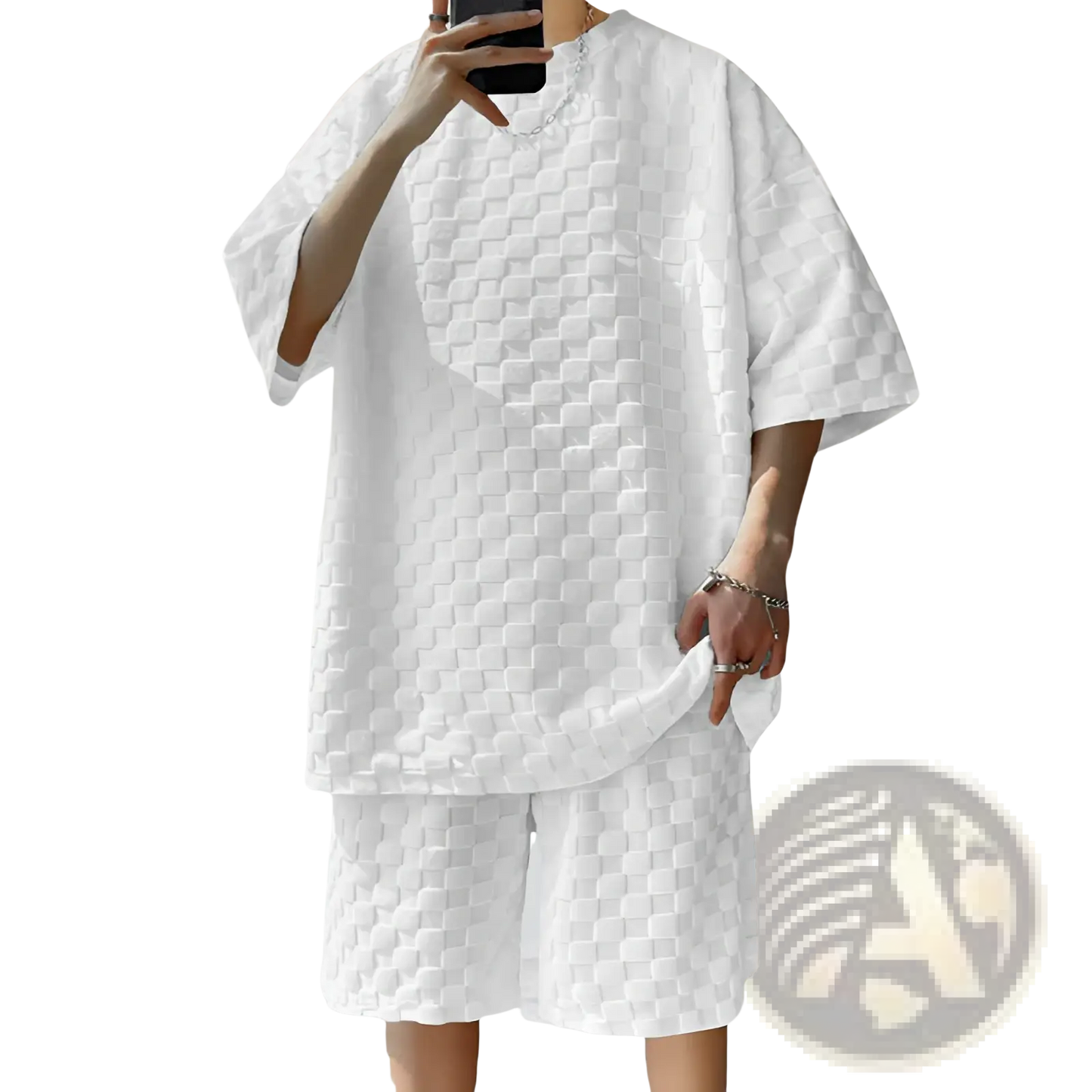 Textured Geometric Cotton Blend T-shirt and Shorts Set