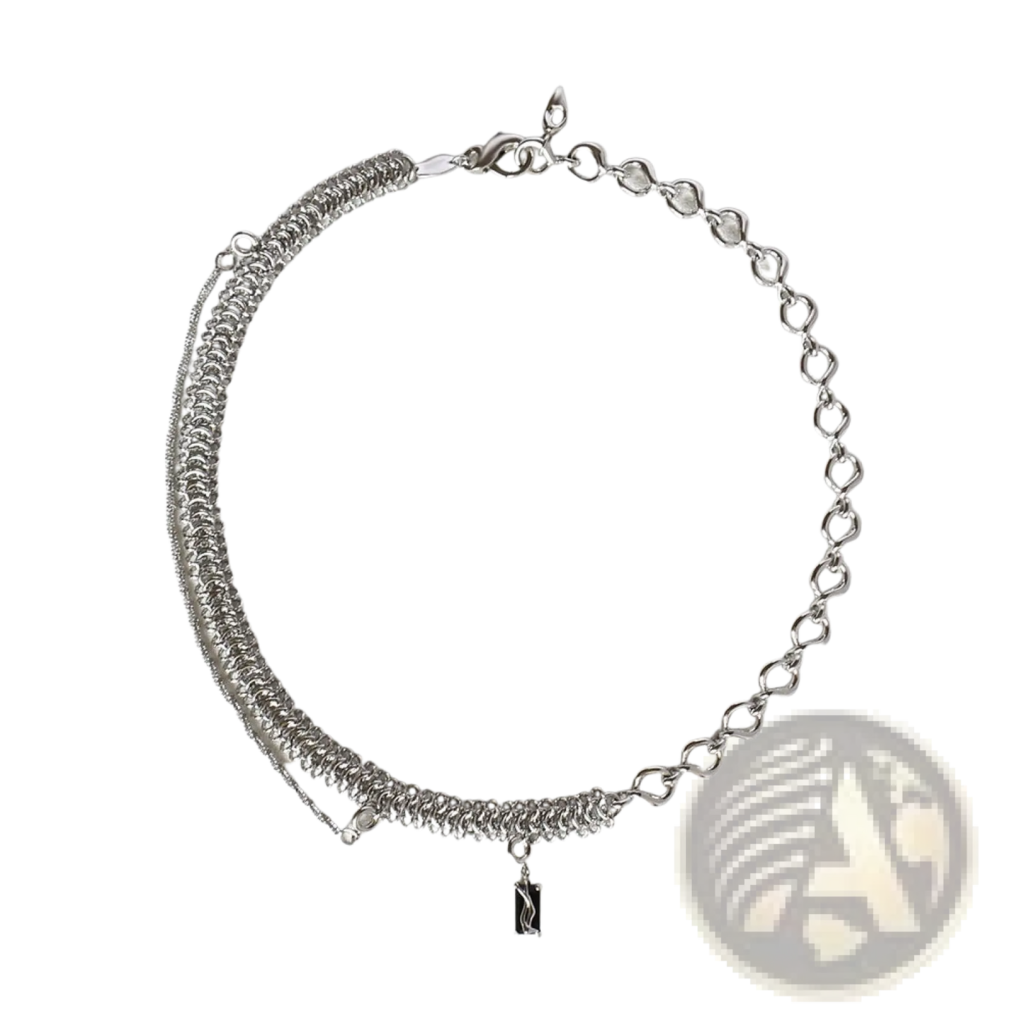 Textured Heart Link Silver Necklace with Black Charm