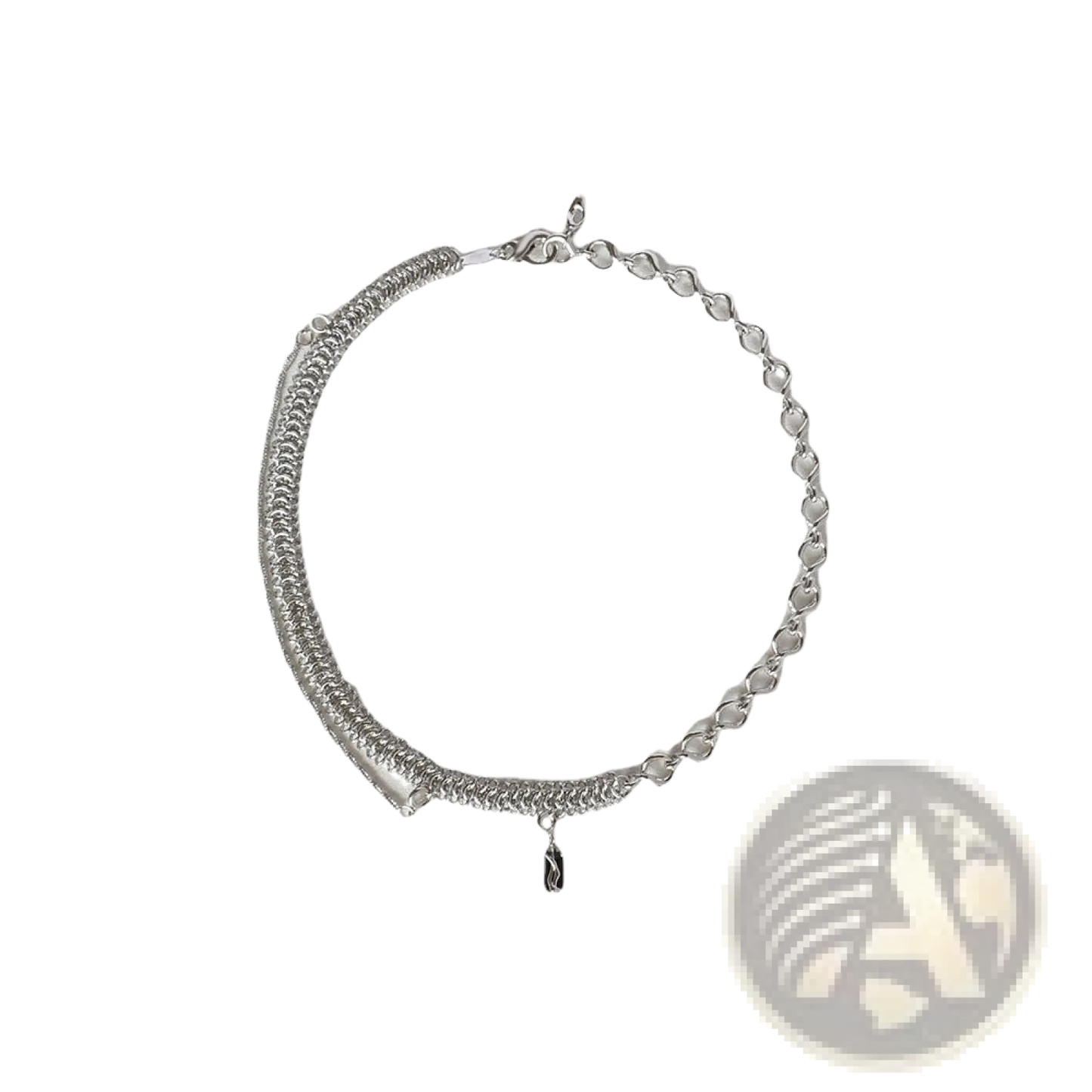 Textured Heart Link Silver Necklace with Black Charm