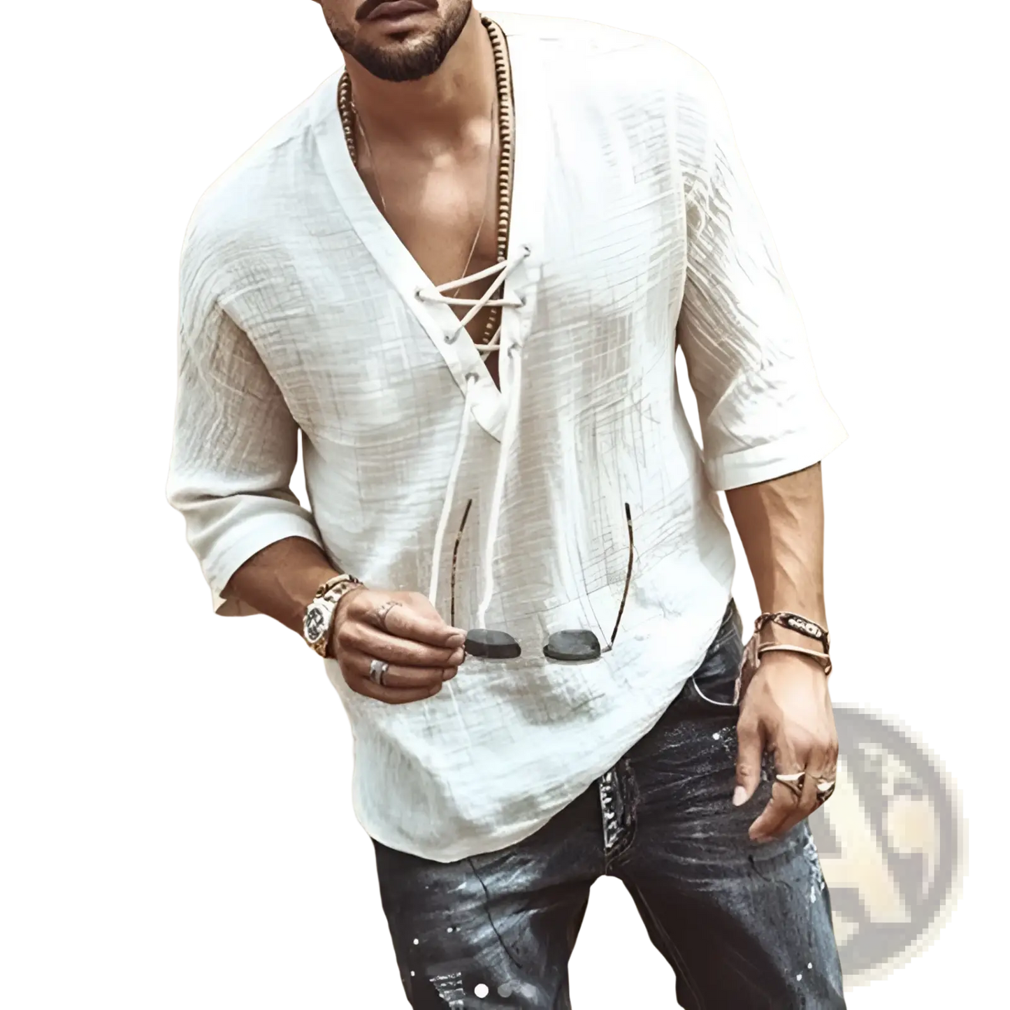 Textured Linen Lace Up v Neck Shirt