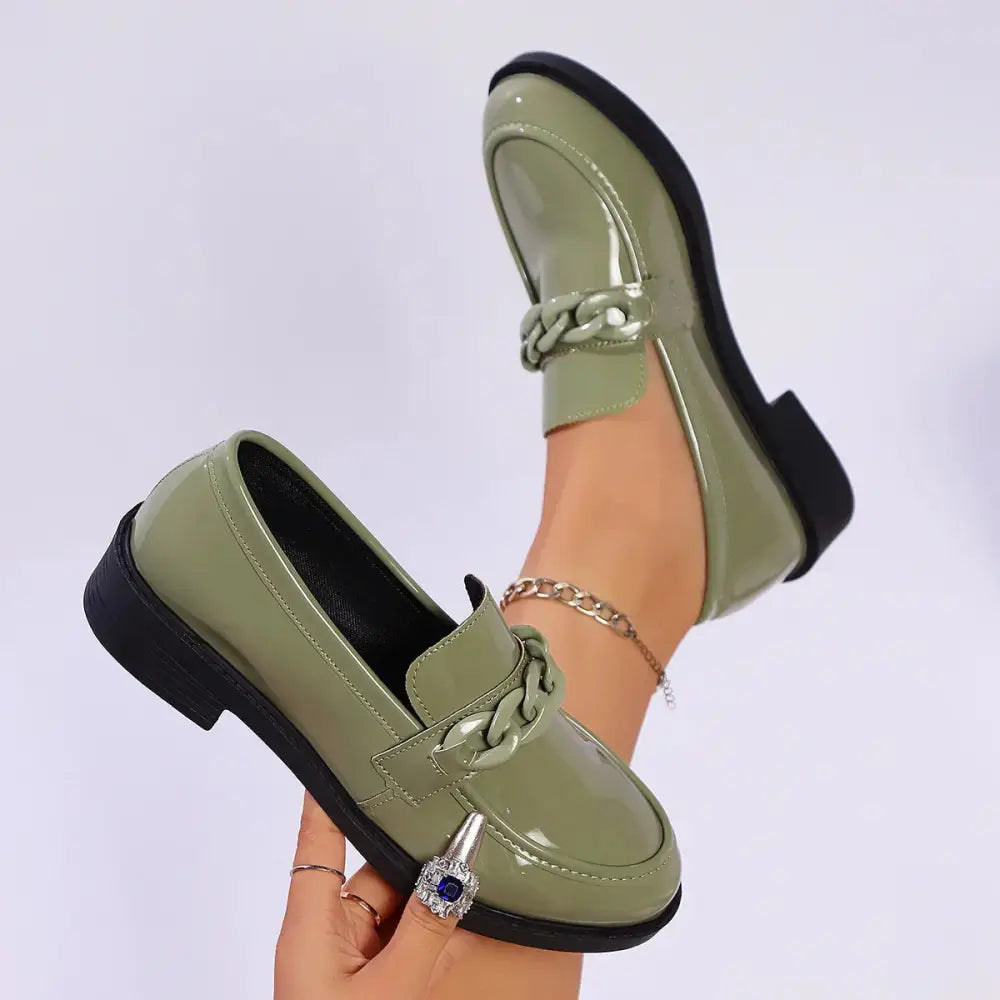 Olive Green Patent Leather Chunky Chain Loafers