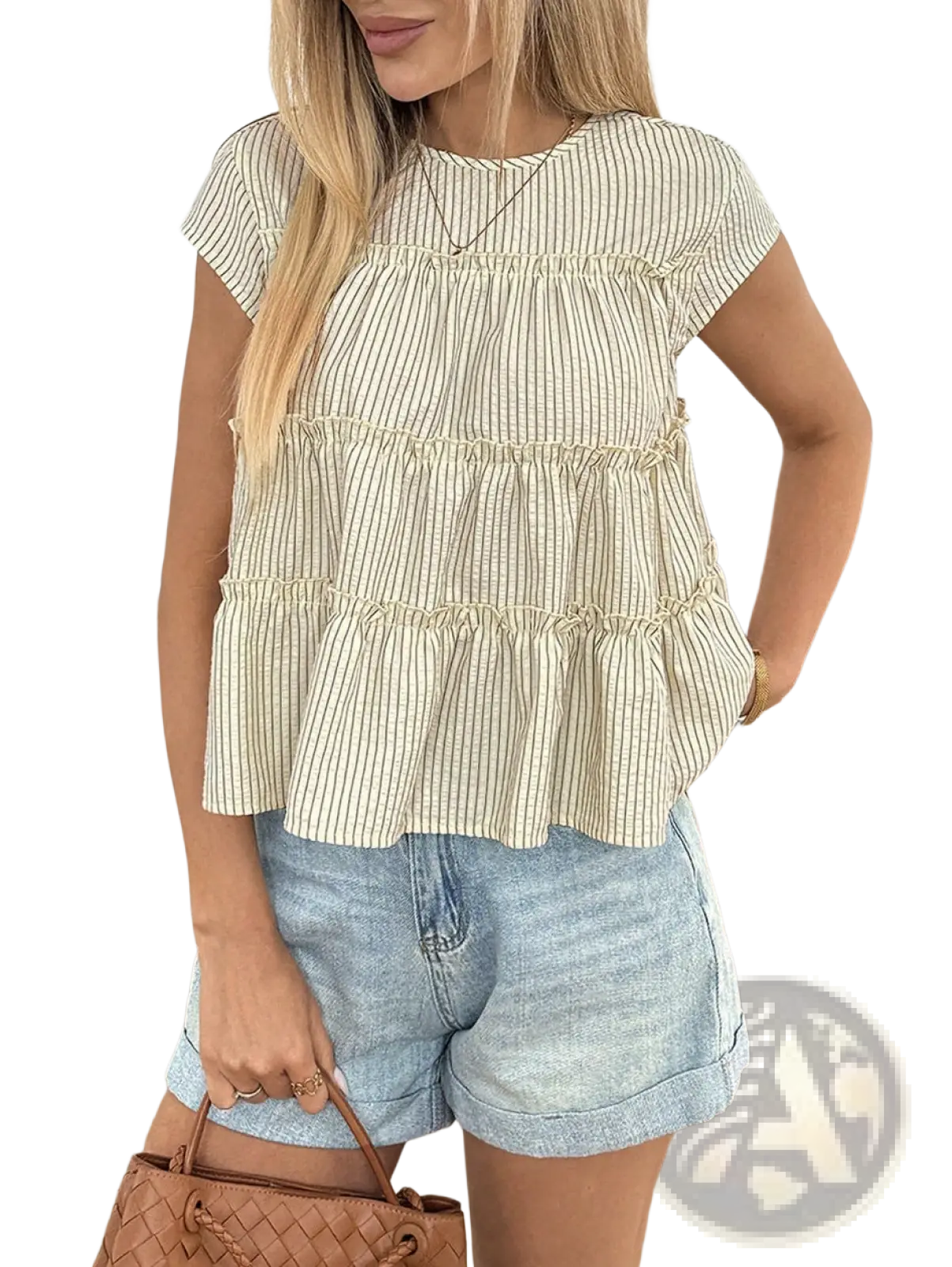 Tiered Striped Ruffle Hem Blouse in Beige