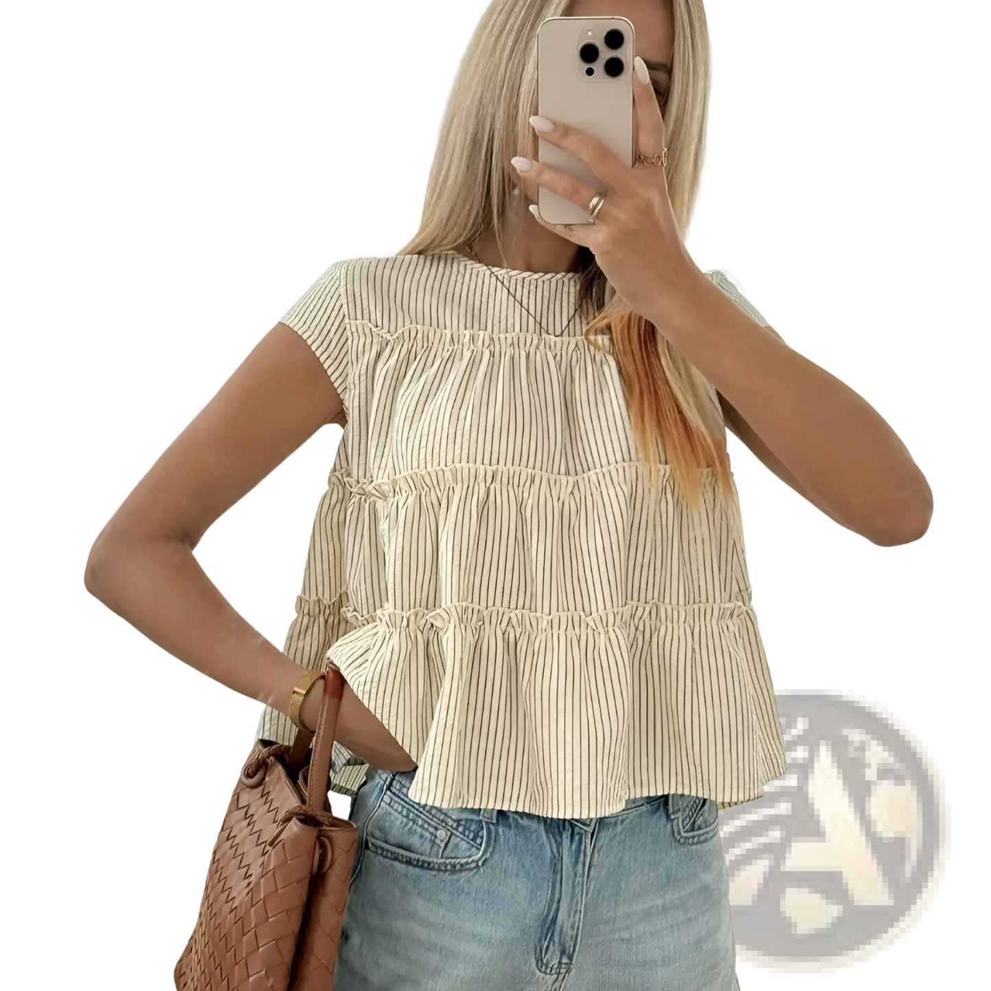 Tiered Striped Ruffle Hem Blouse in Beige