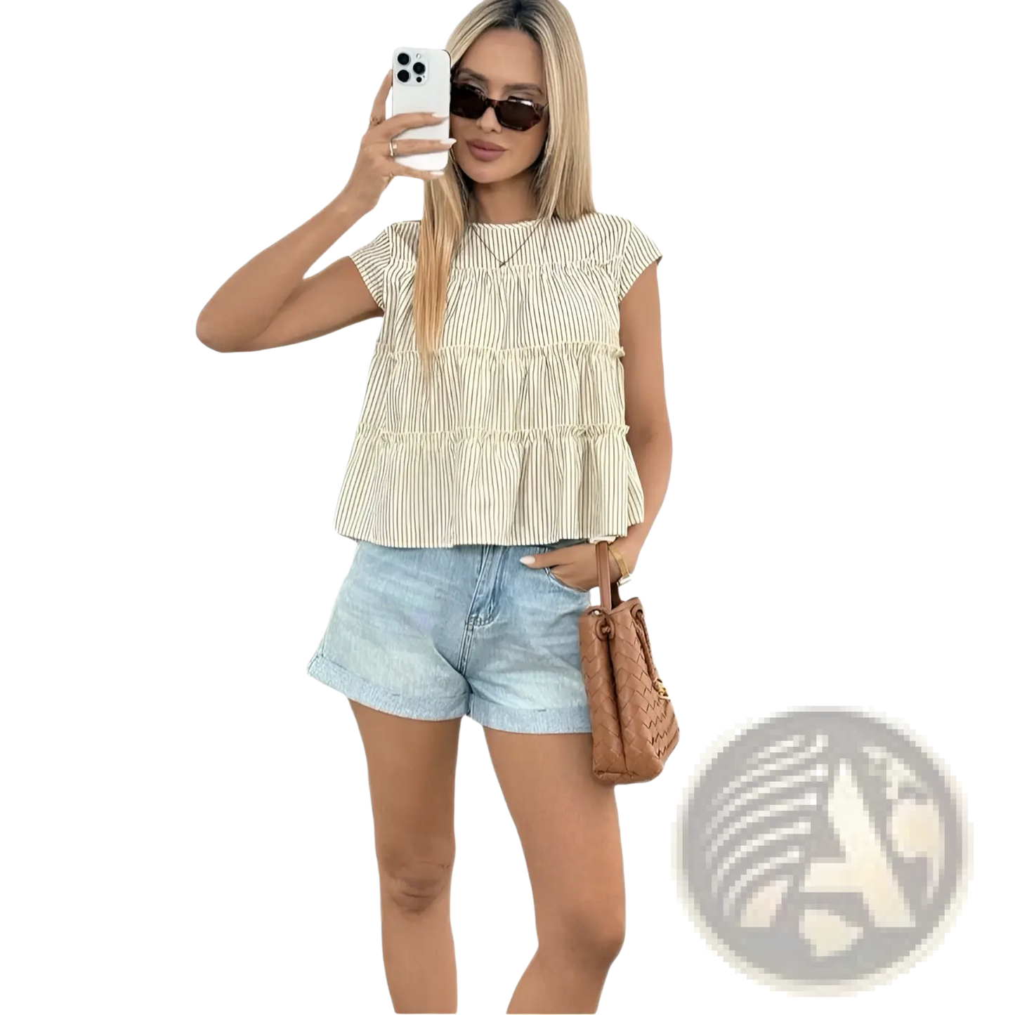 Tiered Striped Ruffle Hem Blouse in Beige