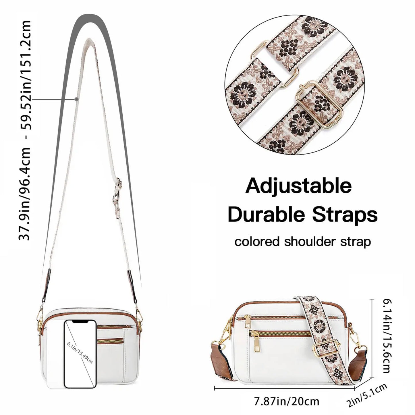 Triple Zipper Floral Strap Colorblock Crossbody Bag