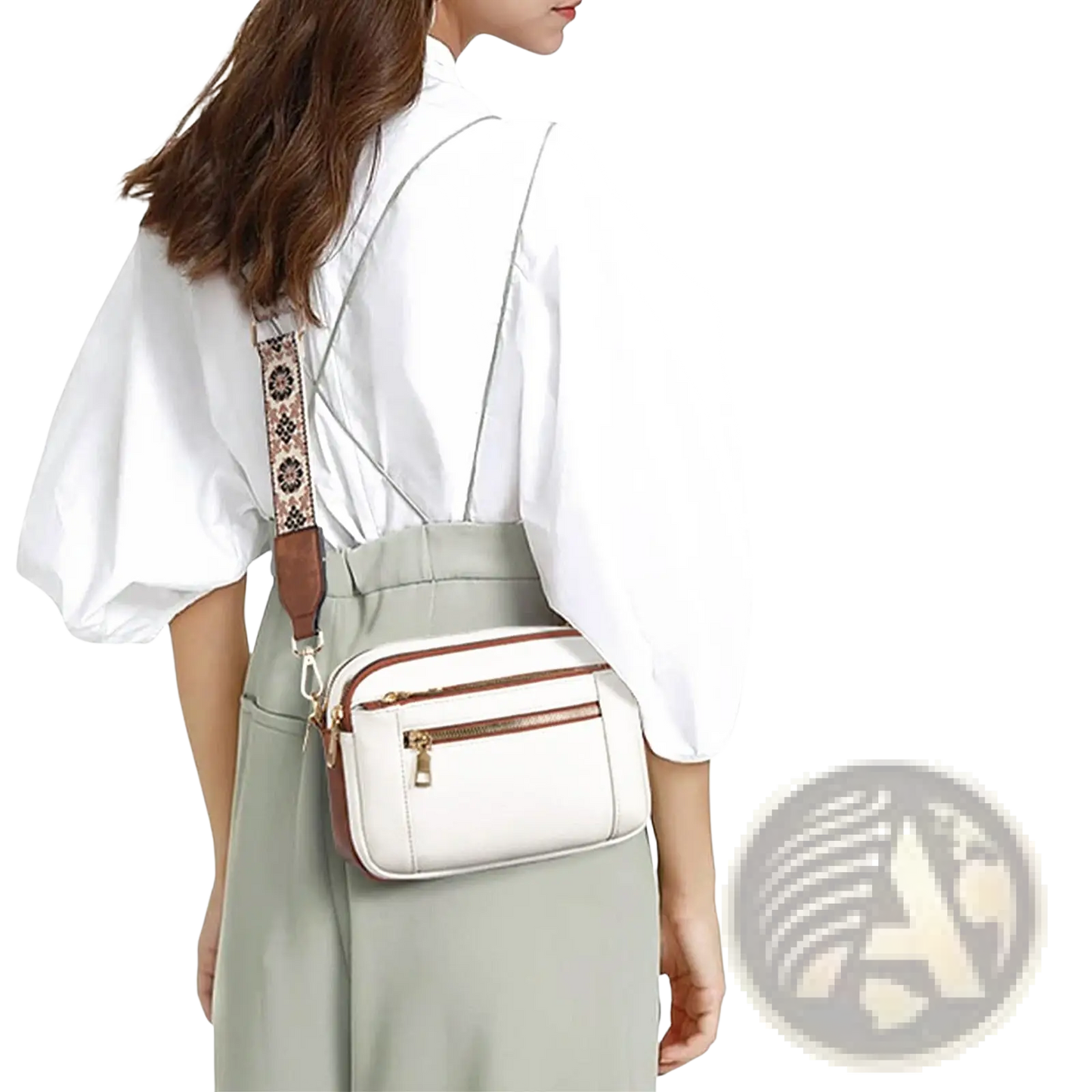 Triple Zipper Floral Strap Colorblock Crossbody Bag