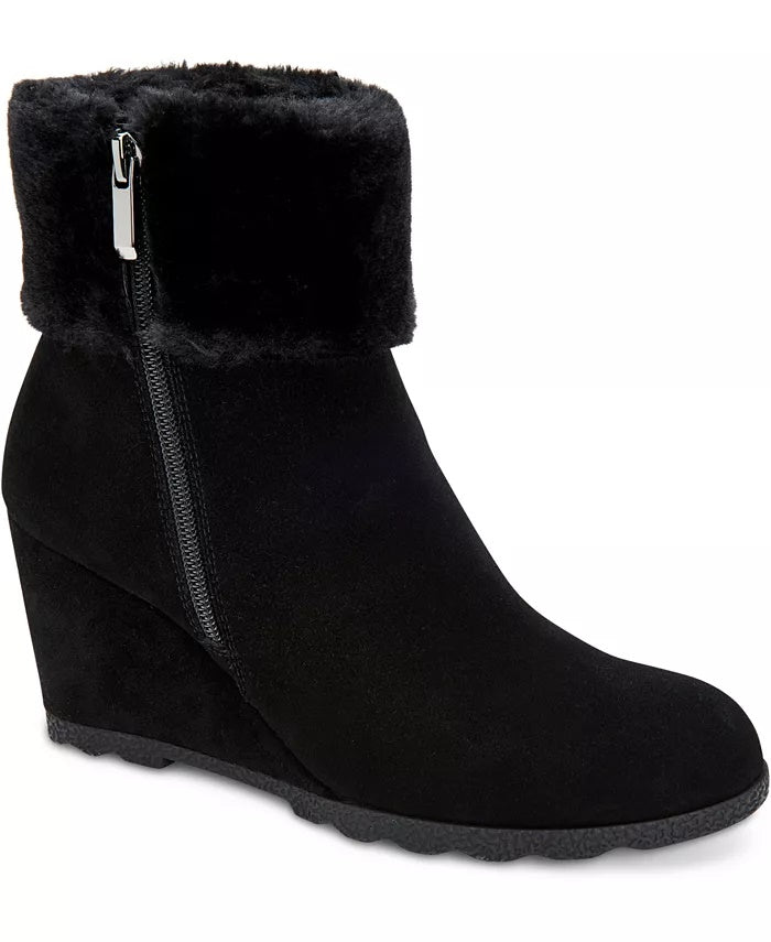 Alfani Women's Step 'N Flex Oreena Faux-Fur-Cuff Wedge Booties Black Size 10 M