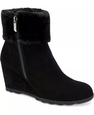 Alfani Women's Step 'N Flex Oreena Faux-Fur-Cuff Wedge Booties Black Size 10 M