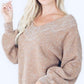 Frankie & Pop Women's Balloon Sleeve Detail Knit Lightweight Spring V neck Pullover Sweater Brown Size X-Large