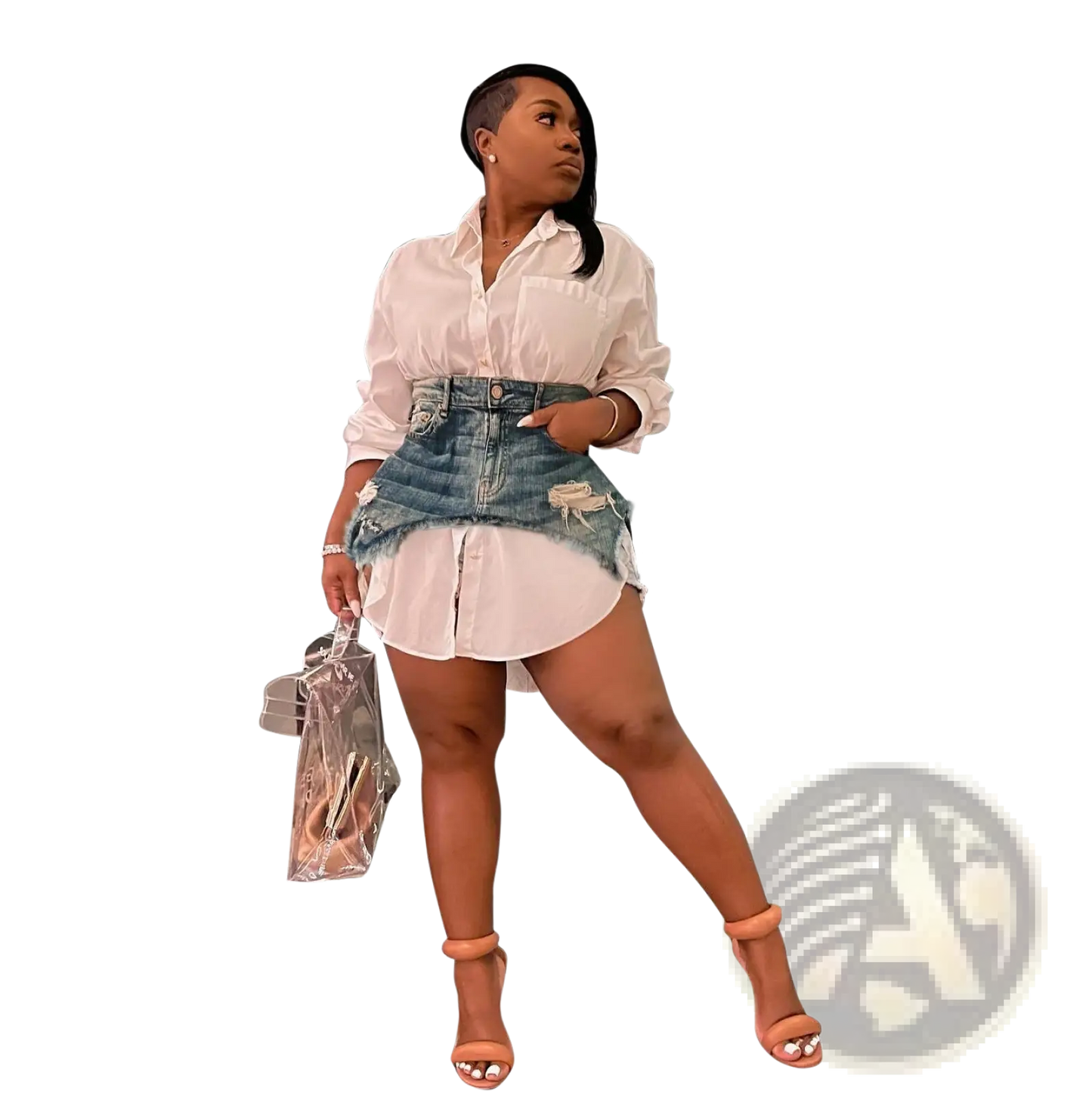 Two Piece Denim Mini Skirt and Button Up Shirt Set