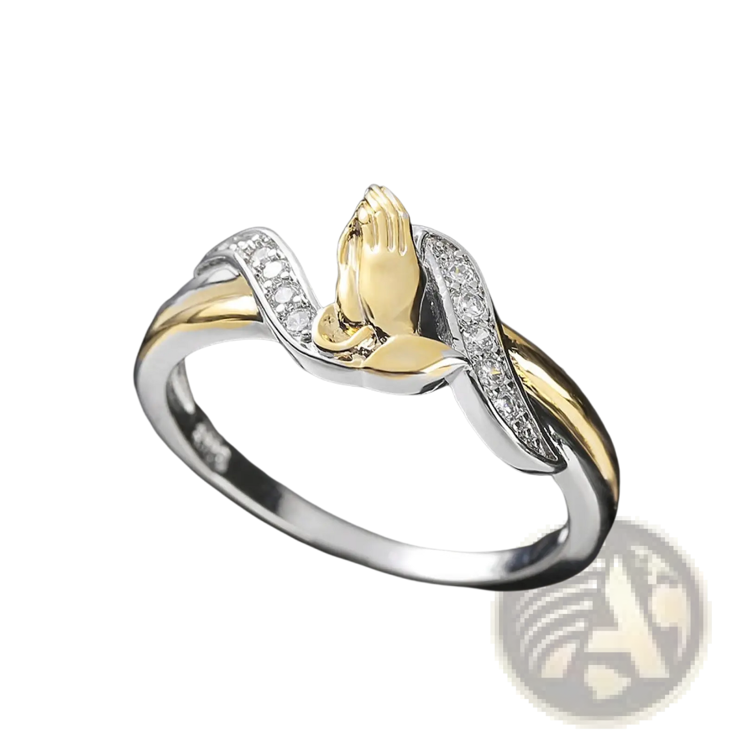 Two Tone 18k Gold Praying Hands Cubic Zirconia Ring