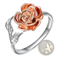 Two Tone Rose and Leaf Adjustable Silver Ring