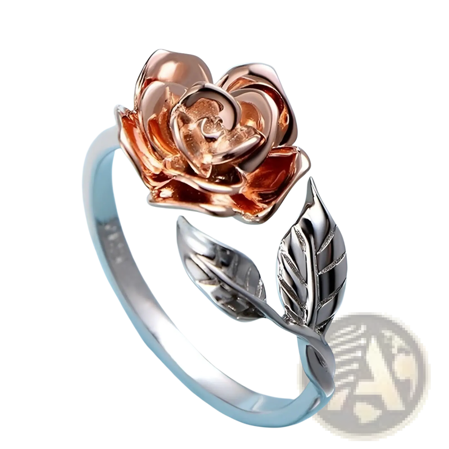 Two Tone Rose and Leaf Adjustable Silver Ring