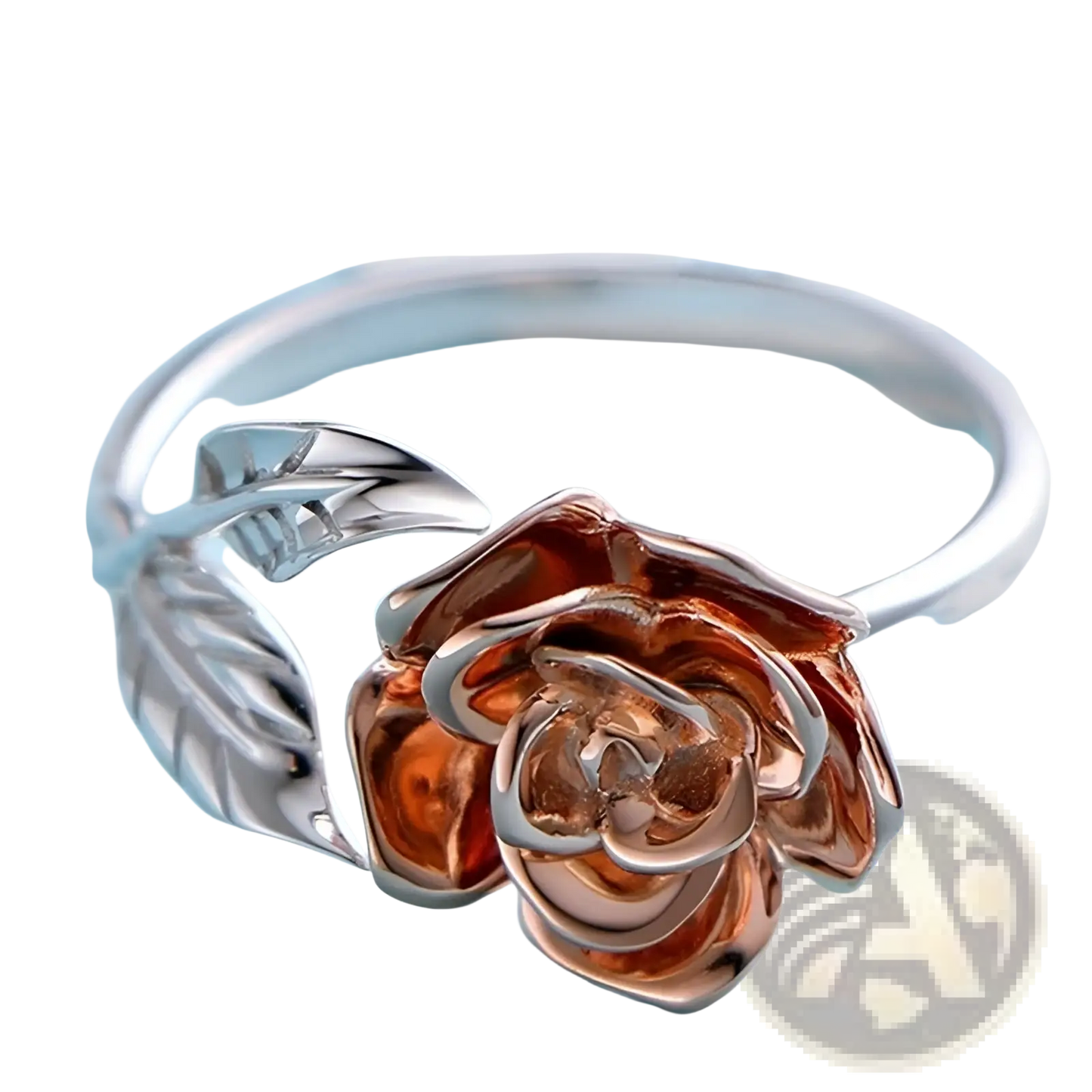 Two Tone Rose and Leaf Adjustable Silver Ring