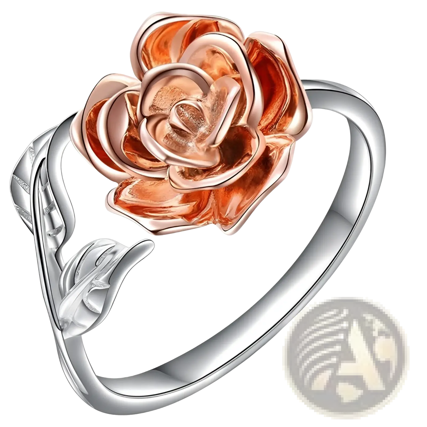 Two Tone Rose and Leaf Adjustable Silver Ring
