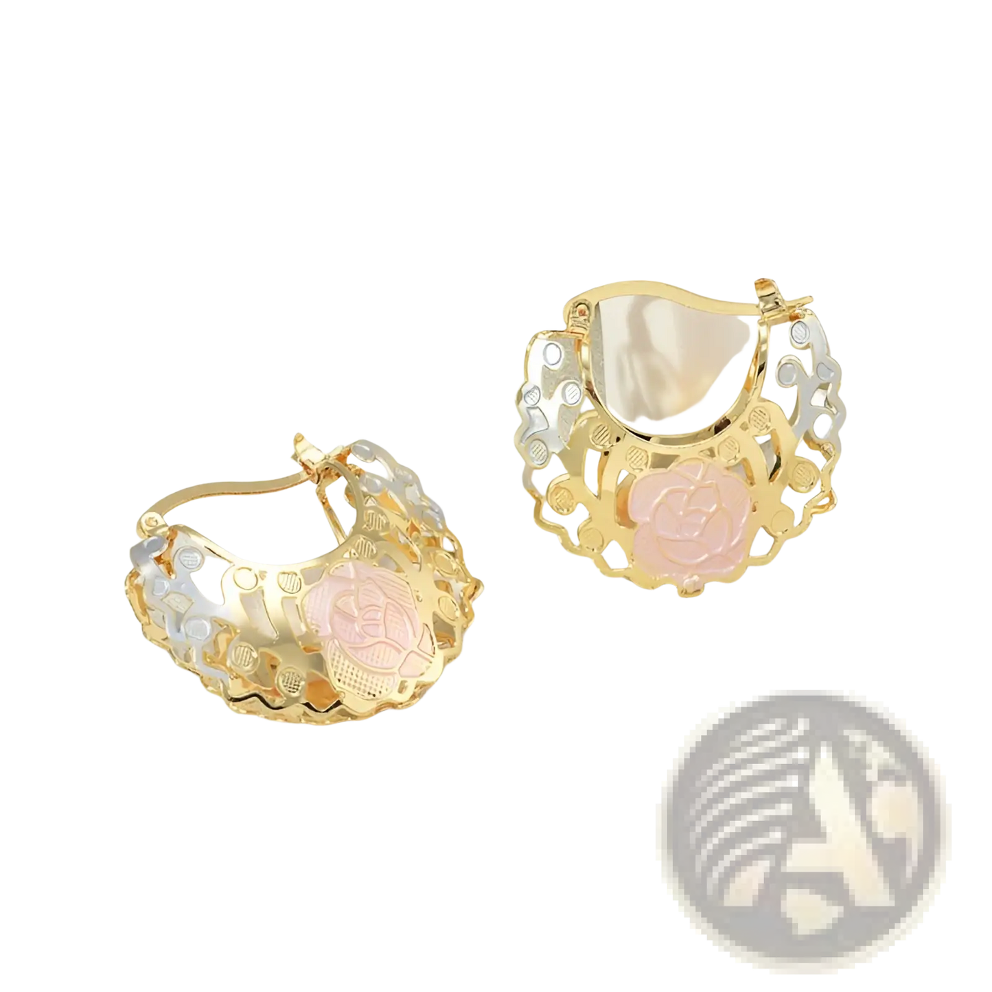 Two Tone Rose Motif Hoop Earrings with Pink Enamel Accents