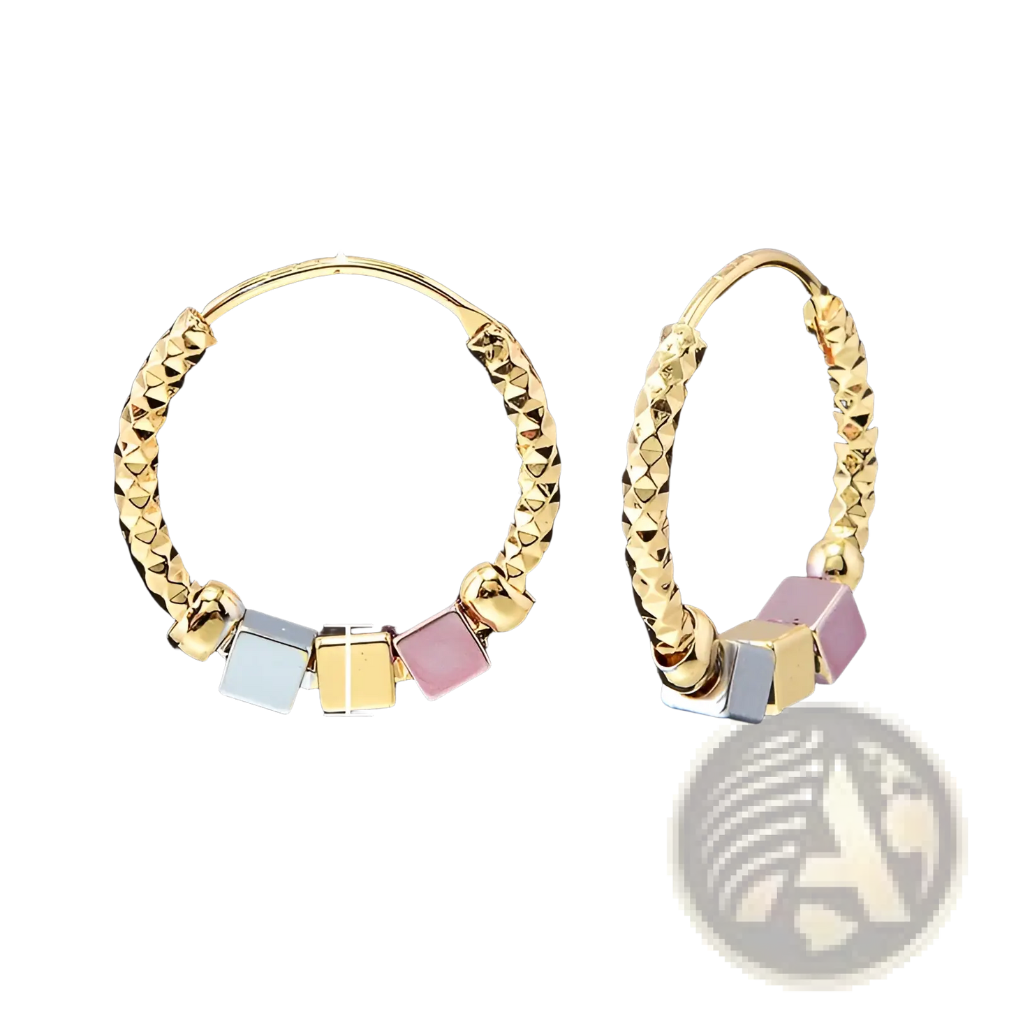 Two Tone Rose Motif Hoop Earrings with Pink Enamel Accents