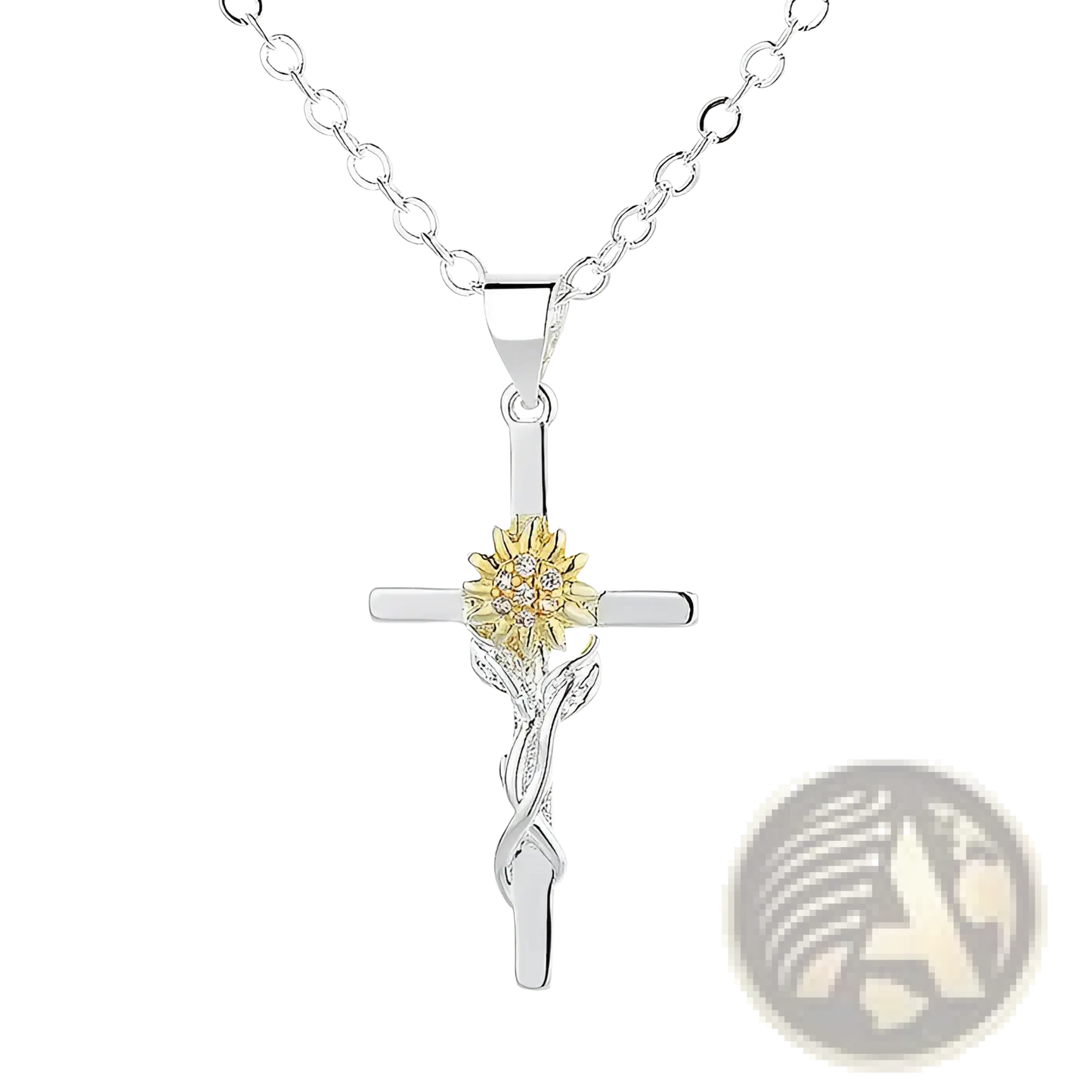 Two-tone Silver and Gold Sunflower Cross Pendant Necklace