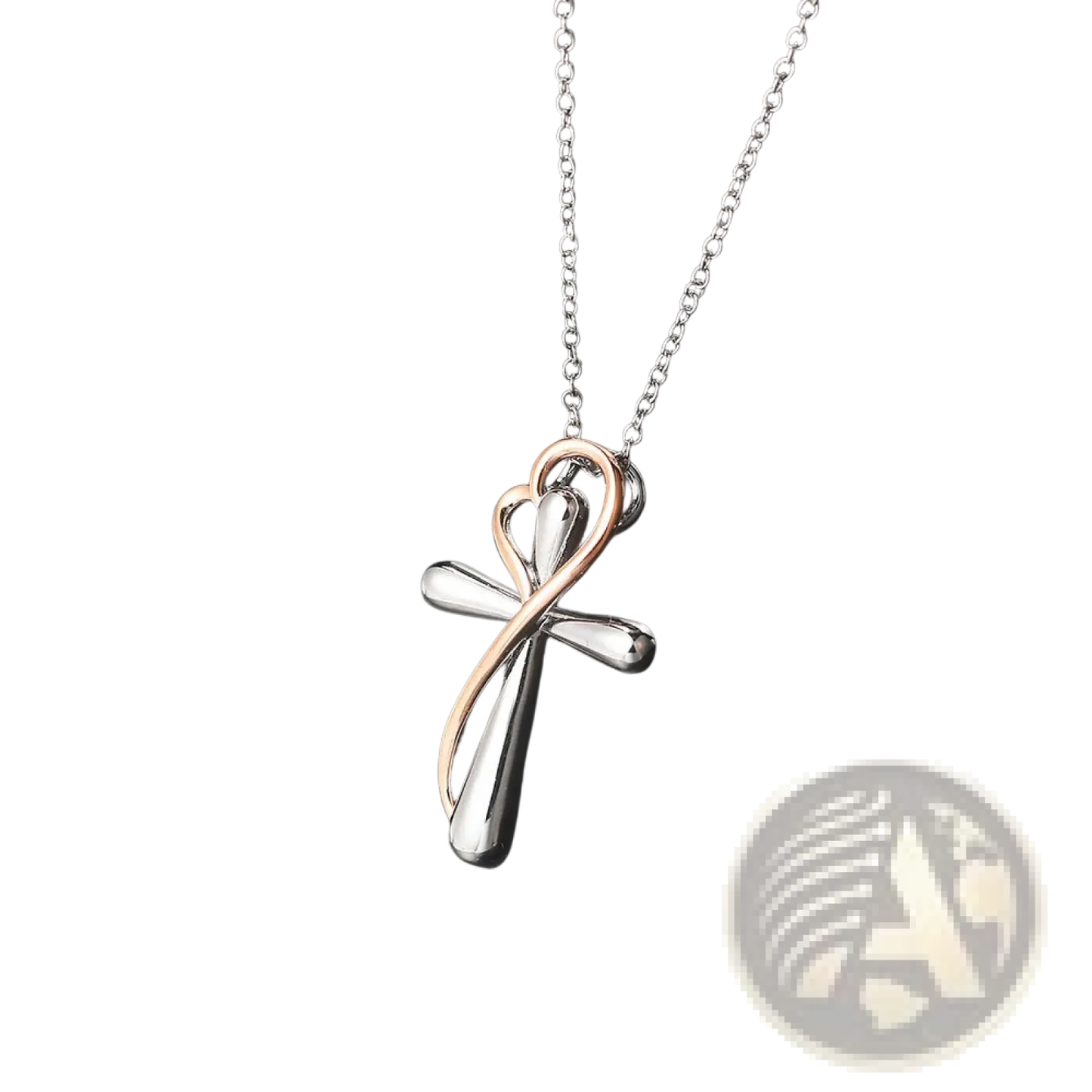 Two Tone Silver and Rose Gold Heart Infinity Cross Necklace