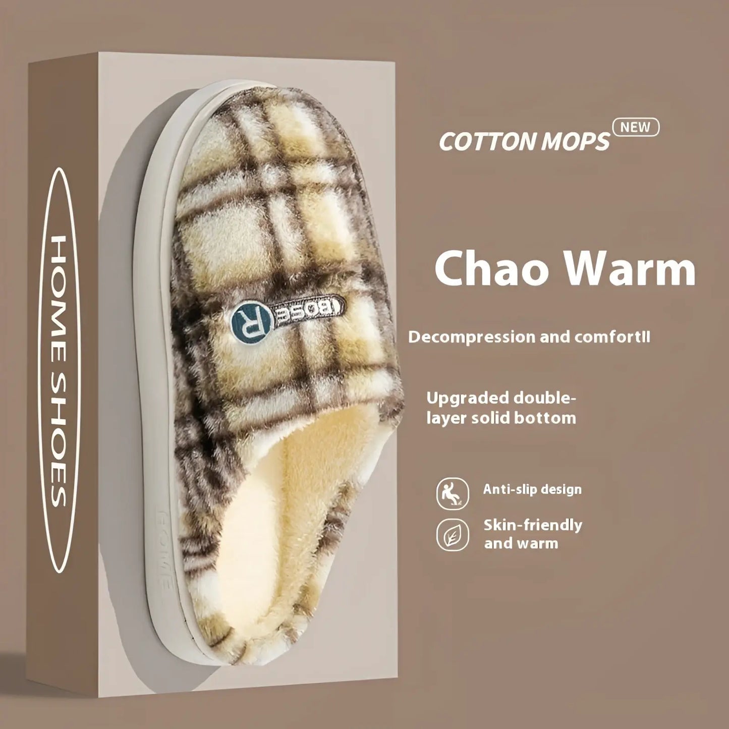 Unisex Plaid Fleece Lined Non Slip Indoor Slippers