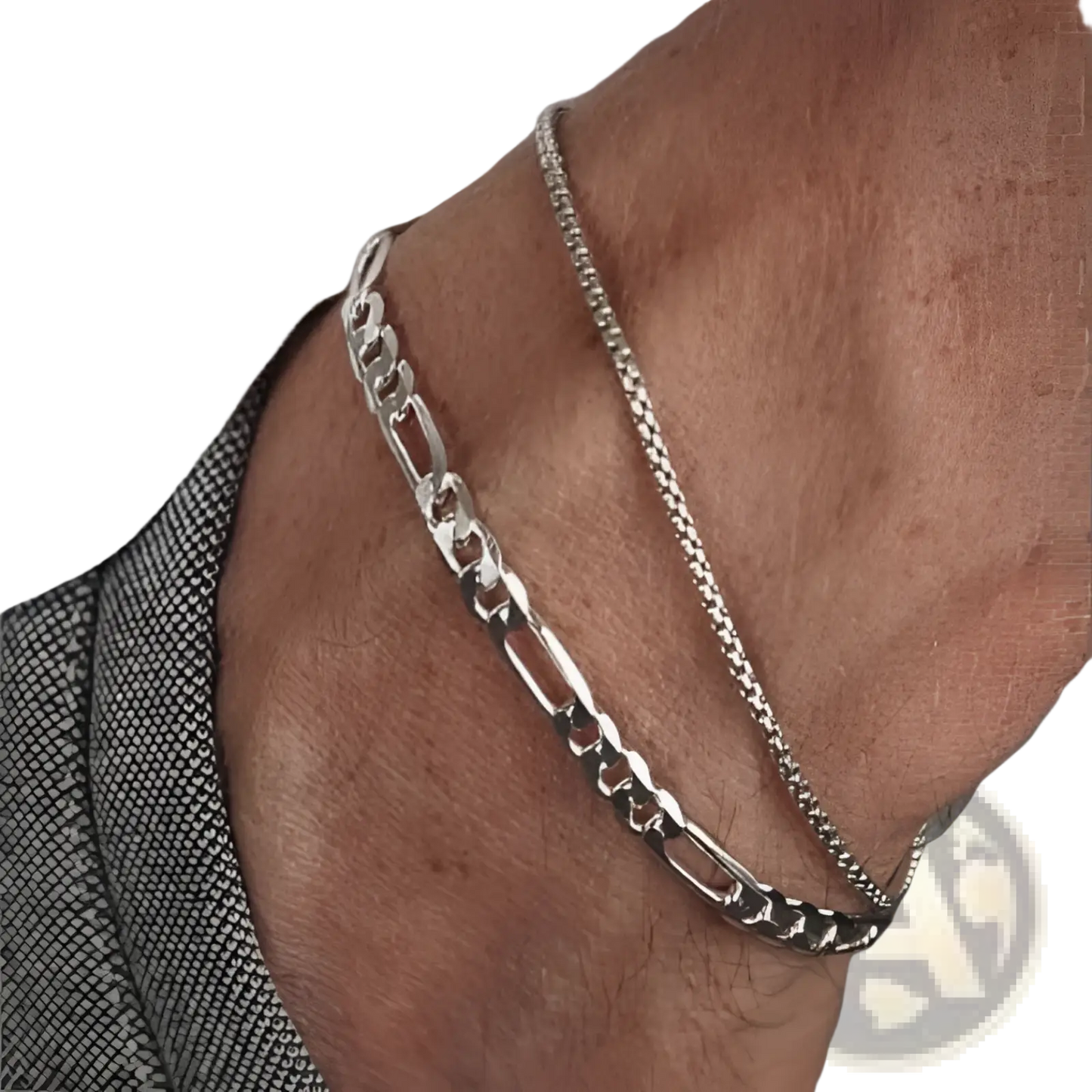 Unisex Silver Layered Cuban and Figaro Link Bracelet Set