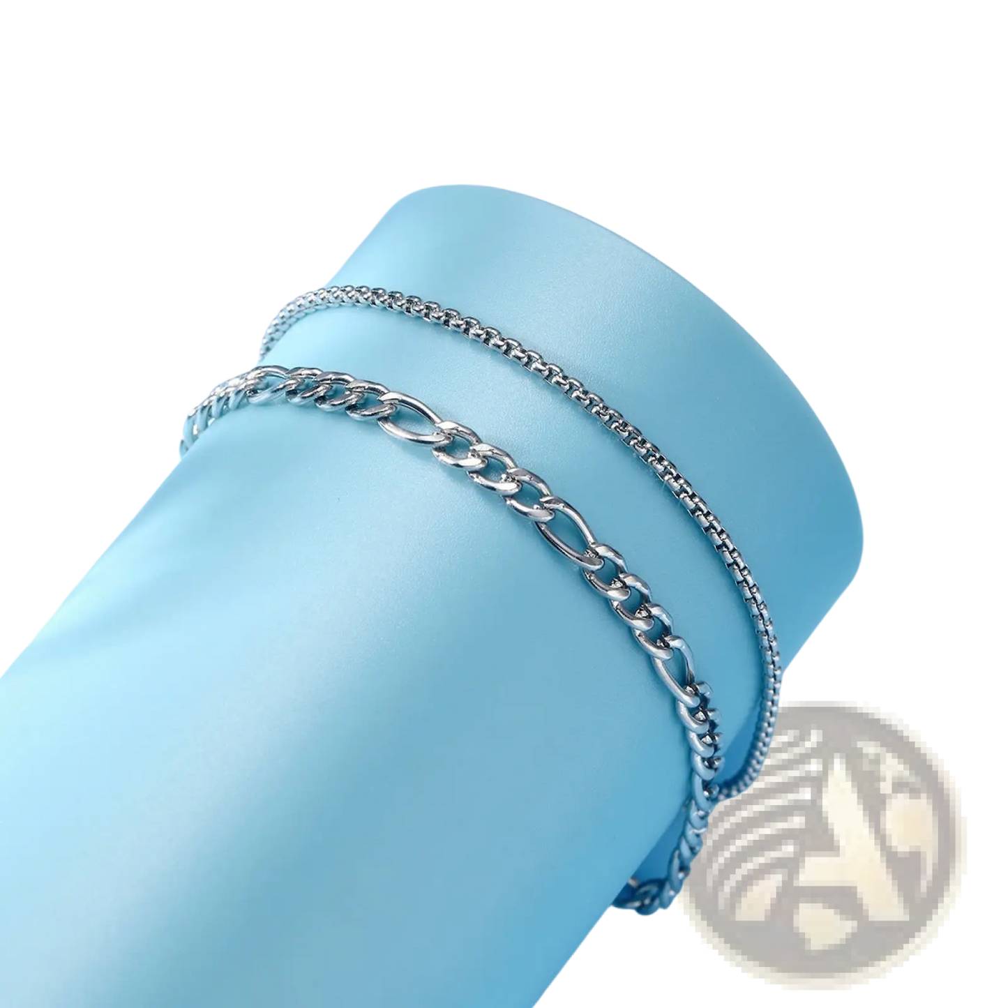Unisex Silver Layered Cuban and Figaro Link Bracelet Set