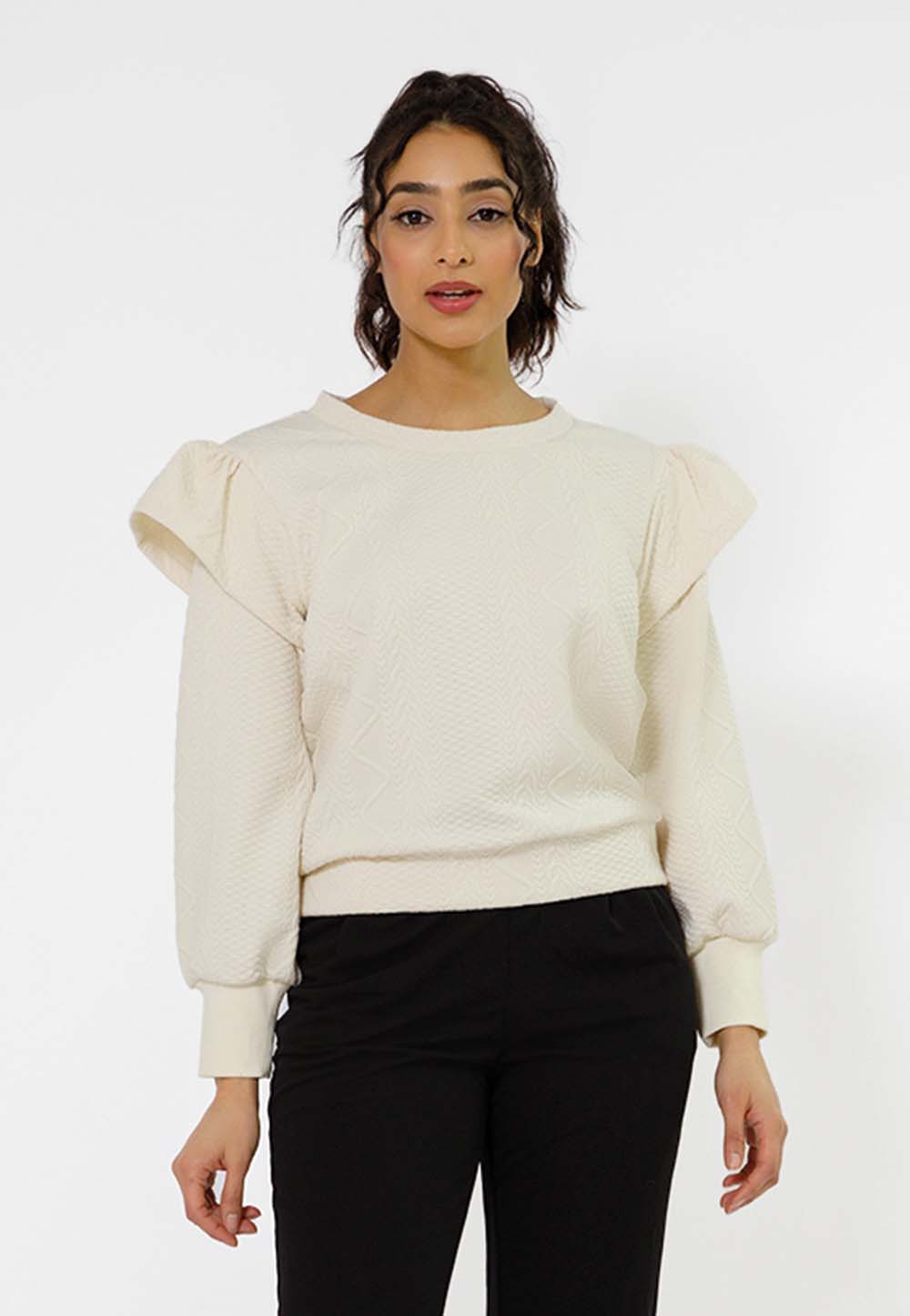 Leota Women's Ashley Ruffle Shoulder Sweatshirt White