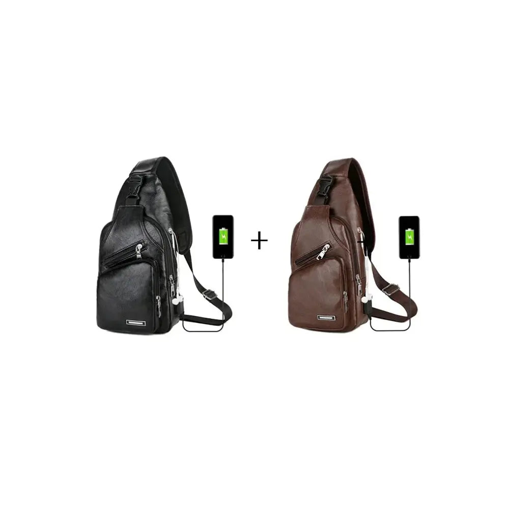 Brown Faux Leather Usb Charging Chest Messenger Bag
