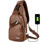Brown Faux Leather Usb Charging Chest Messenger Bag