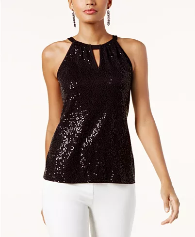 INC International Concepts Women's Sequinned Halter Top Black Size Small