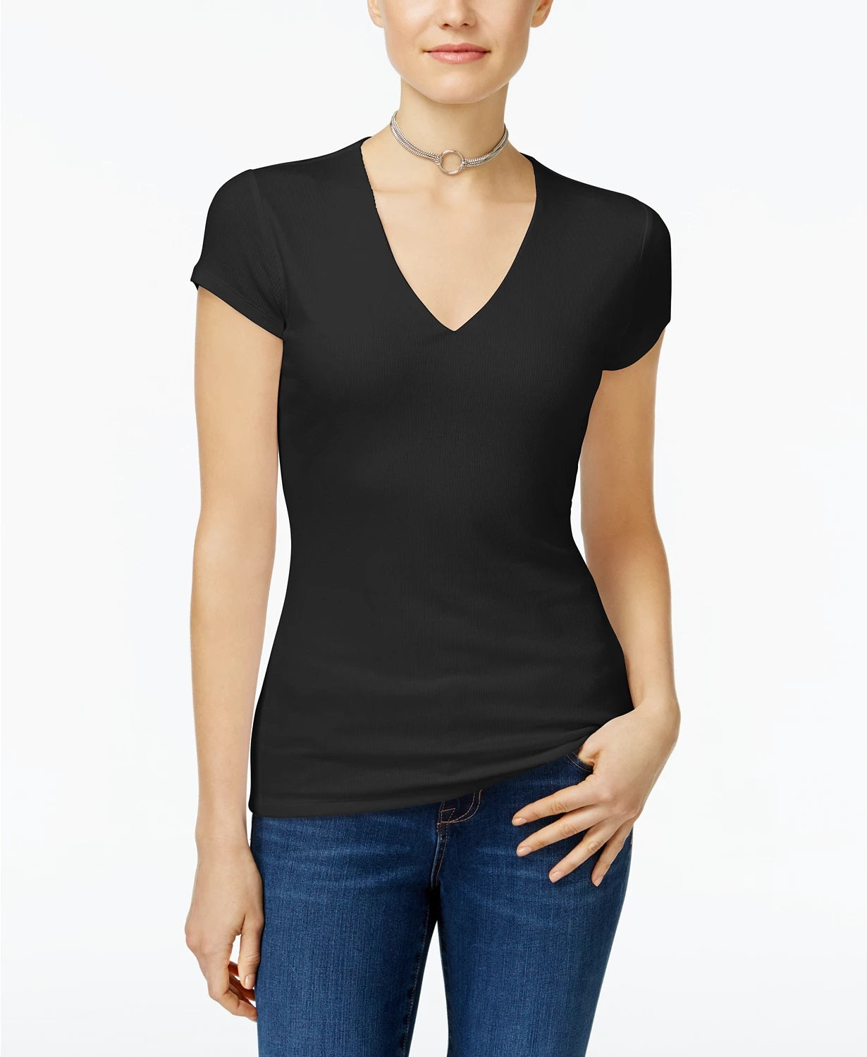 INC International Concepts Women's Ribbed V Neck Top Black Size Petite Medium
