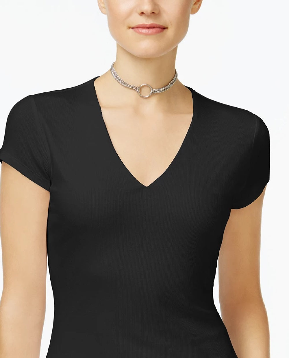 INC International Concepts Women's Ribbed V Neck Top Black Size Petite Medium