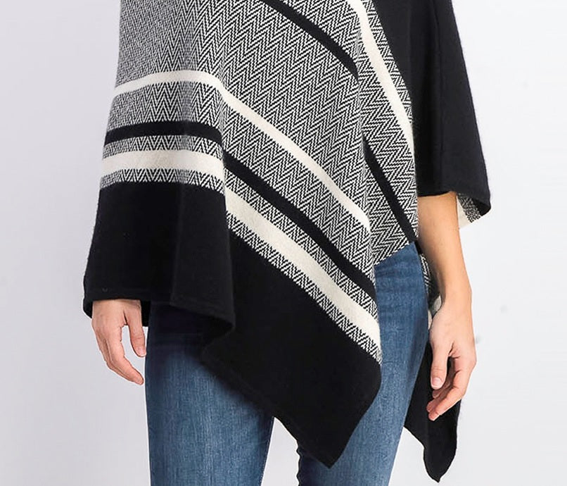 Charter Club Women's Cashmere Chevron Striped Poncho Black Size Regular