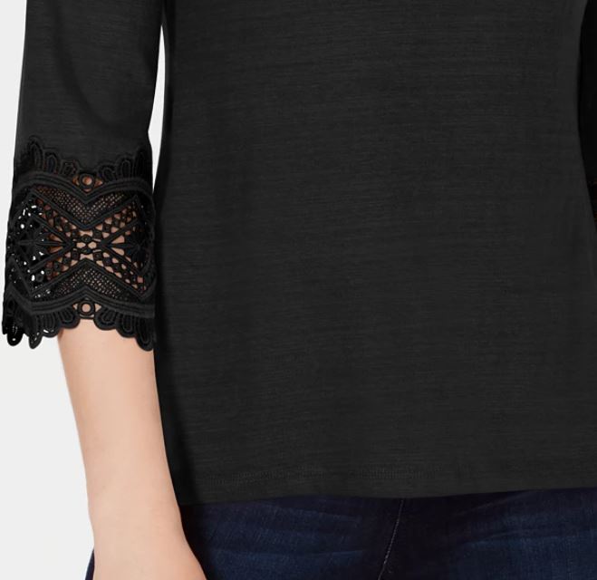 Charter Club Women's Cotton Lace Trim Top Black Size X-Large