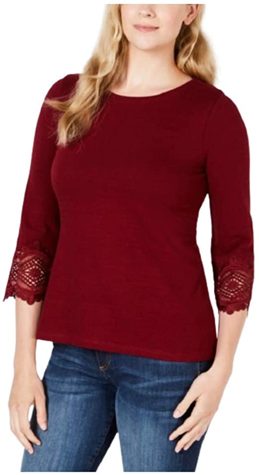 Charter Club Women's Cotton Lace-Trim Top Wine Size Small
