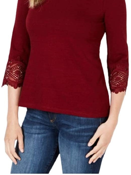 Charter Club Women's Cotton Lace-Trim Top Wine Size Small