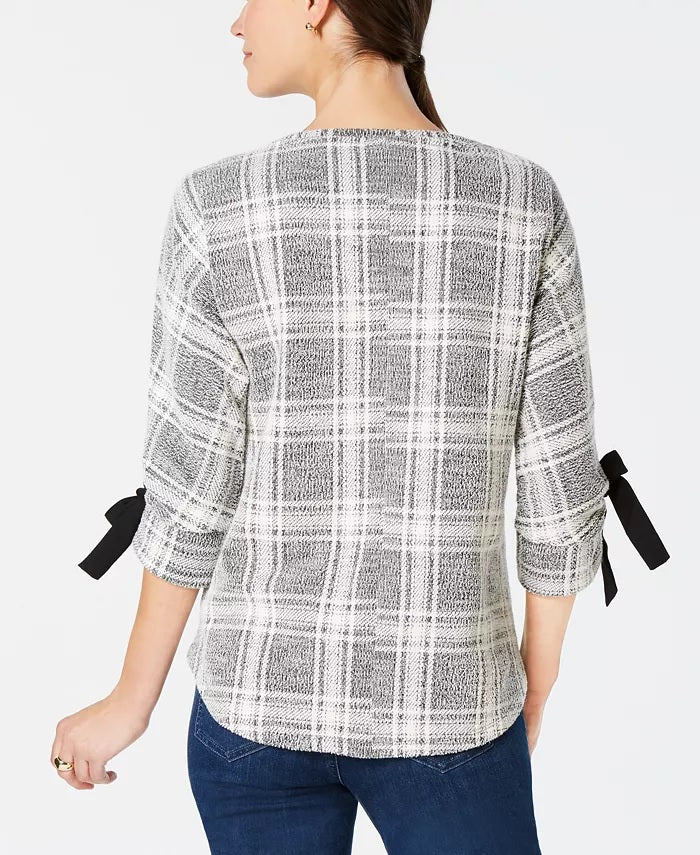 Charter Club Women's Plaid Bow-Sleeve Top Black Size Large