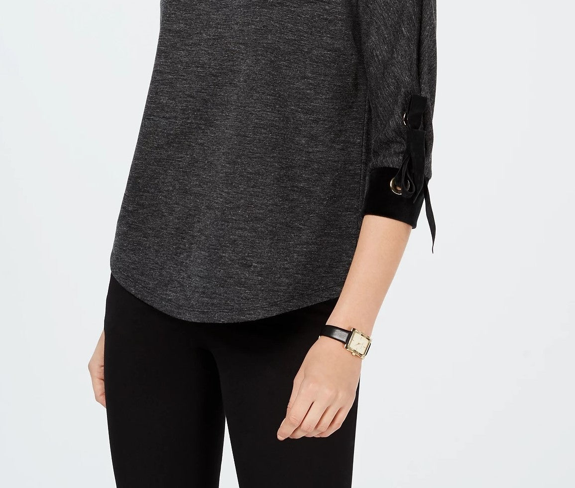 Charter Club Women's Cotton Velvet-Trim Lace-Up Top Black Size Large
