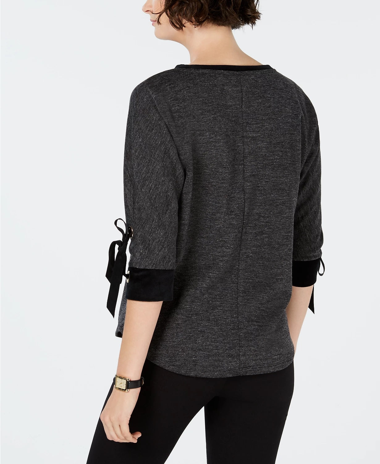Charter Club Women's Cotton Velvet-Trim Lace-Up Top Black Size Large