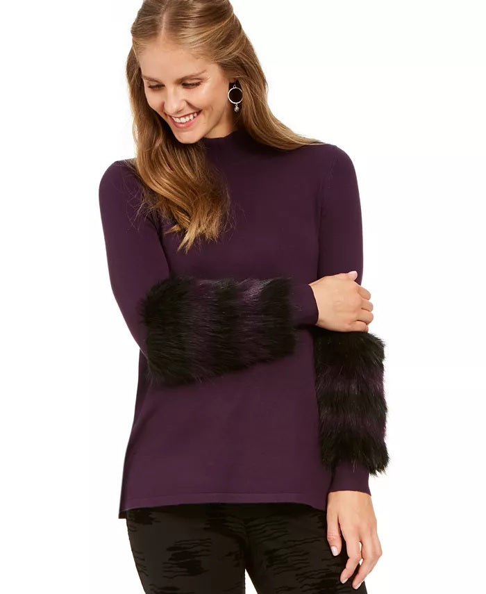 Alfani Women's Petite Faux-Fur Trim Sweater  Purple Size Petite