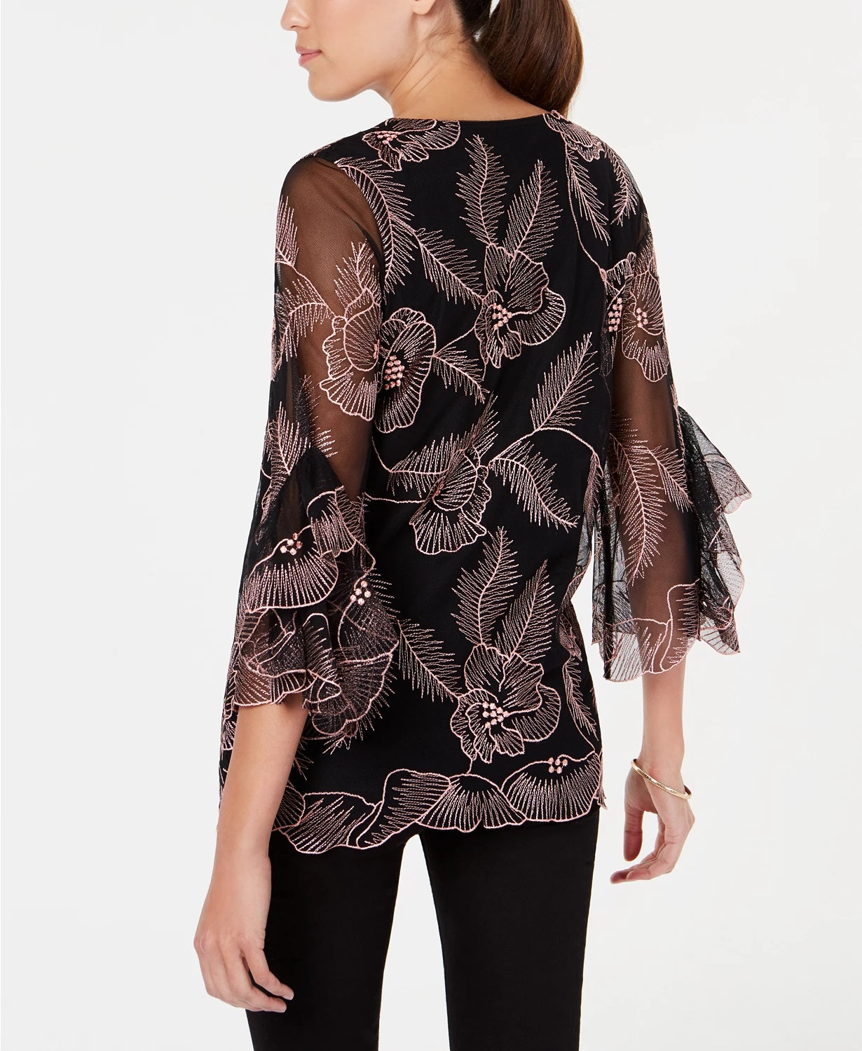 Alfani Women's Embroidered Flounce-Sleeve Top Dark Pink Size Petite Medium