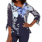 JM Collection Women's Sheer Sleeve Printed Top Navy Size Small