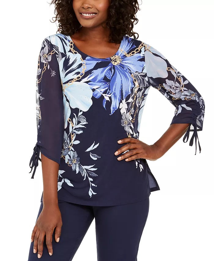 JM Collection Women's Sheer Sleeve Printed Top Navy Size Small