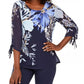 JM Collection Women's Sheer Sleeve Printed Top Navy Size Small