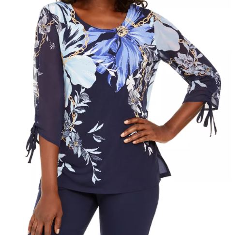 JM Collection Women's Sheer Sleeve Printed Top Navy Size Small