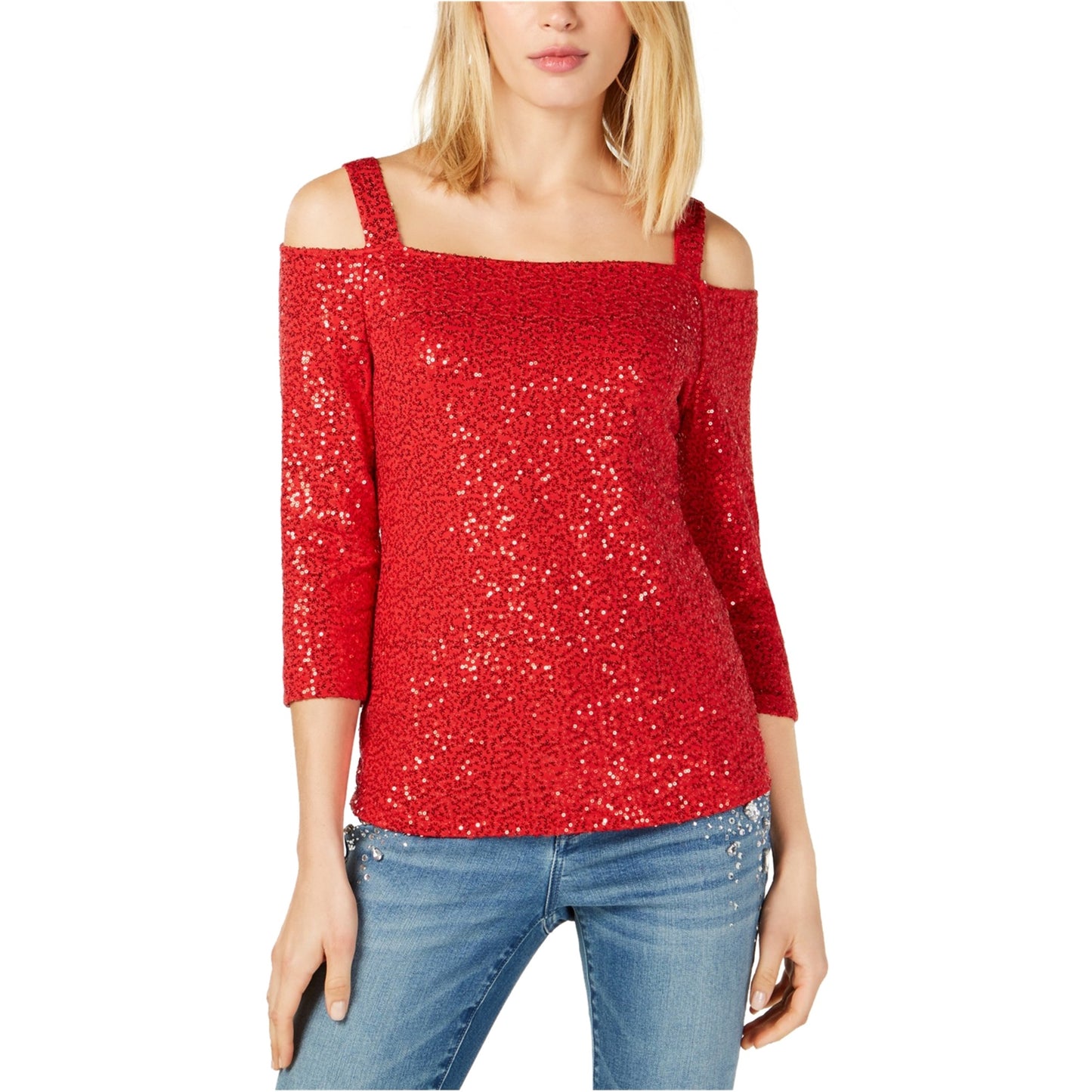 INC International Concepts Women's Large Sequin Cold Off Shoulder Shirt Red Size Large