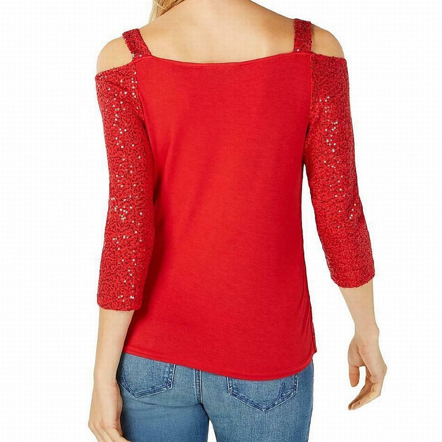 INC International Concepts Women's Sequined Cold Shoulder Top Red Size Medium