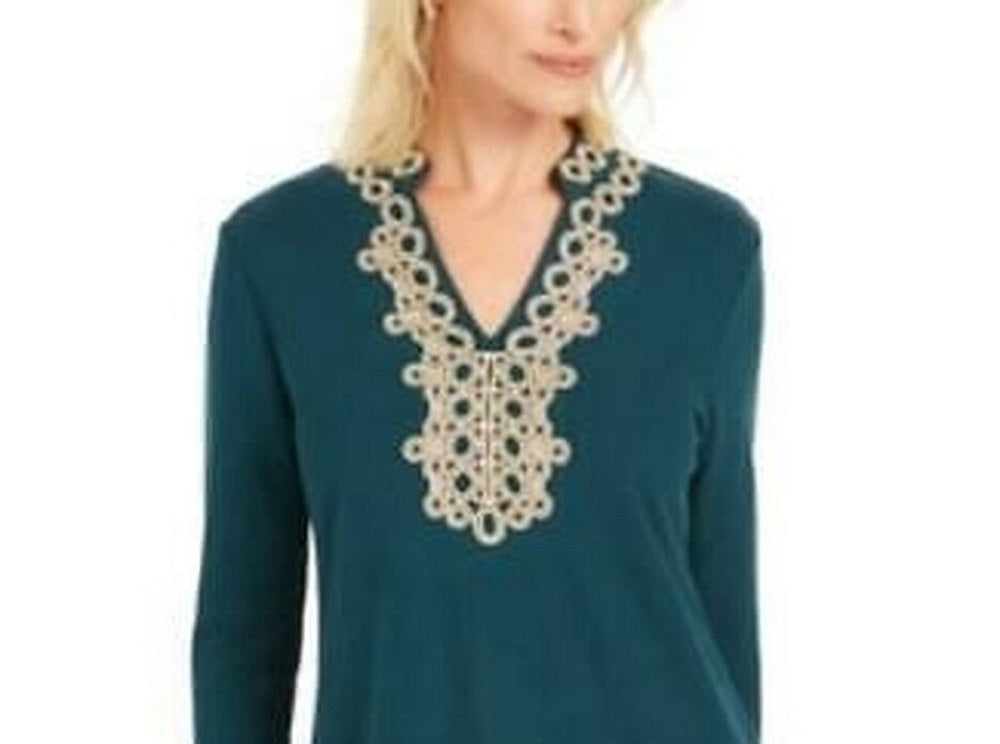 Charter Club Women's Lace-Trim Tunic Top Dark Green Size Extra Large