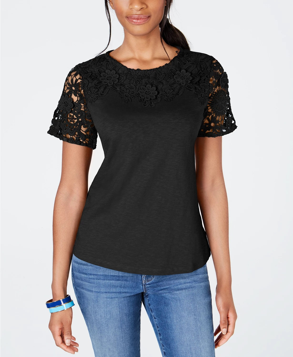 Charter Club Women's Cotton Lace Embellished T-Shirt Black Size X-Small